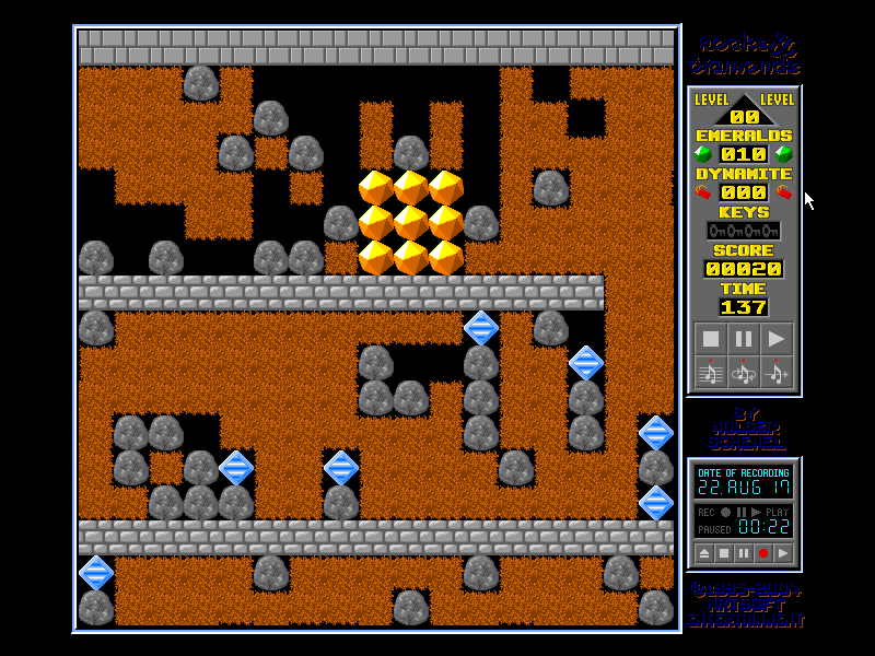Rocks 'n' Diamonds (DOS) screenshot: I was killed by a boulder and got turned into 9 golden diamonds.
