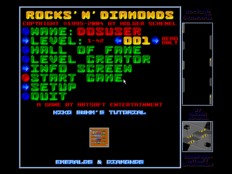 Rocks 'n' Diamonds (DOS) screenshot: Title and menu screen