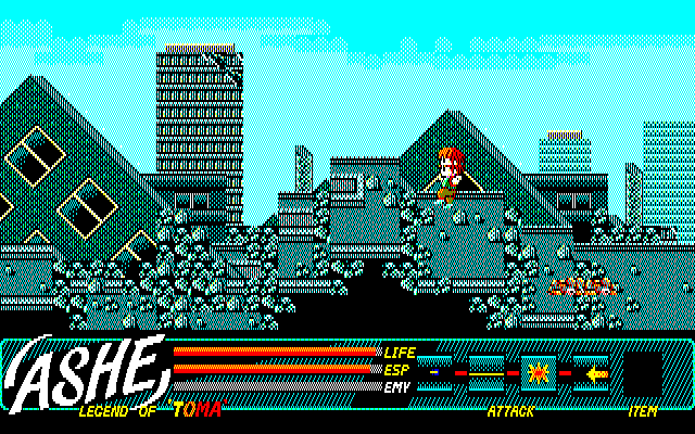 Ashe (PC-88) screenshot: Jumping on debris
