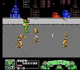 Teenage Mutant Ninja Turtles III: The Manhattan Project (NES) screenshot: Boomerang Foot soldiers attacking, and putting many sprites on the screen