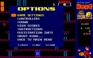 CHAMP Kong (DOS) screenshot: The Options menu.