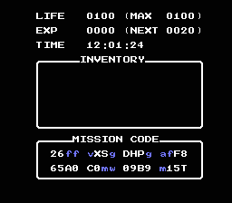 Rambo (NES) screenshot: Password and stats screen, access this when talking to people.