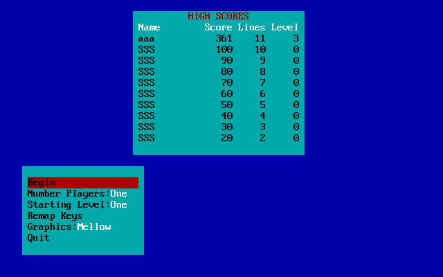 Hextris (DOS) screenshot: Menu