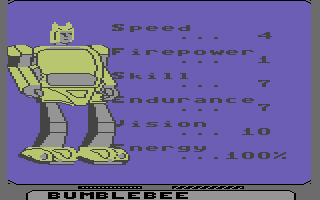 The Transformers: Battle to Save the Earth (Commodore 64) screenshot: Bumblebee statistics