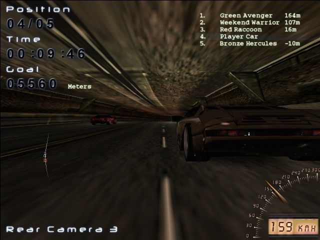 Midnight Racing (Windows) screenshot: Racing inside a tunnel. This camera casts you behind the car, a little to its left.