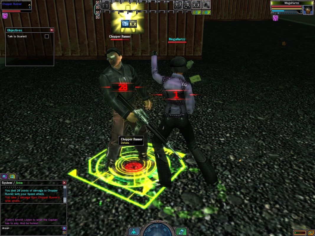 The Matrix Online (Windows) screenshot: Close combat relies on an "interlock" system. You and one opponent lock in combat and trade turns (enforced in real time with cooldowns).