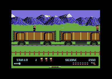 Mountie Mick's Deathride (Commodore 64) screenshot: Shooting at an enemy