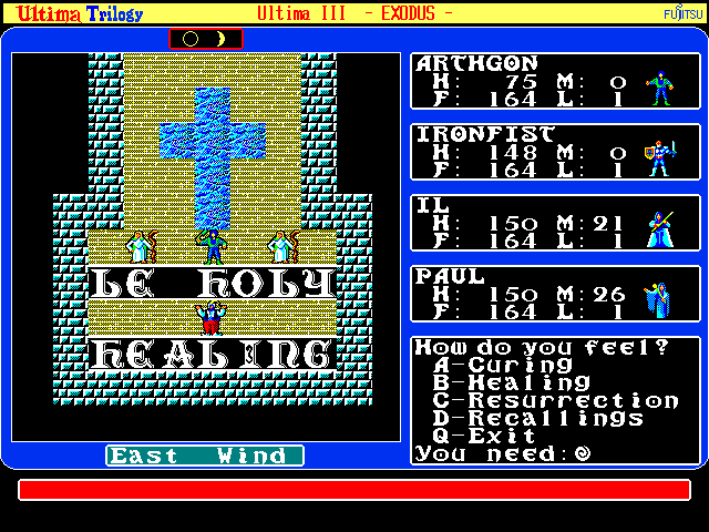 Ultima Trilogy: I ♦ II ♦ III (FM Towns) screenshot: U3: If you and/or your companions are badly hurt, you'll need to see a Healer!