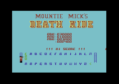 Mountie Mick's Deathride (Commodore 64) screenshot: Enter your initials for high score