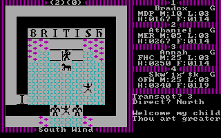 Exodus: Ultima III (DOS) screenshot: Lord British apparently doesn't object to my horse crapping all over his throne room.