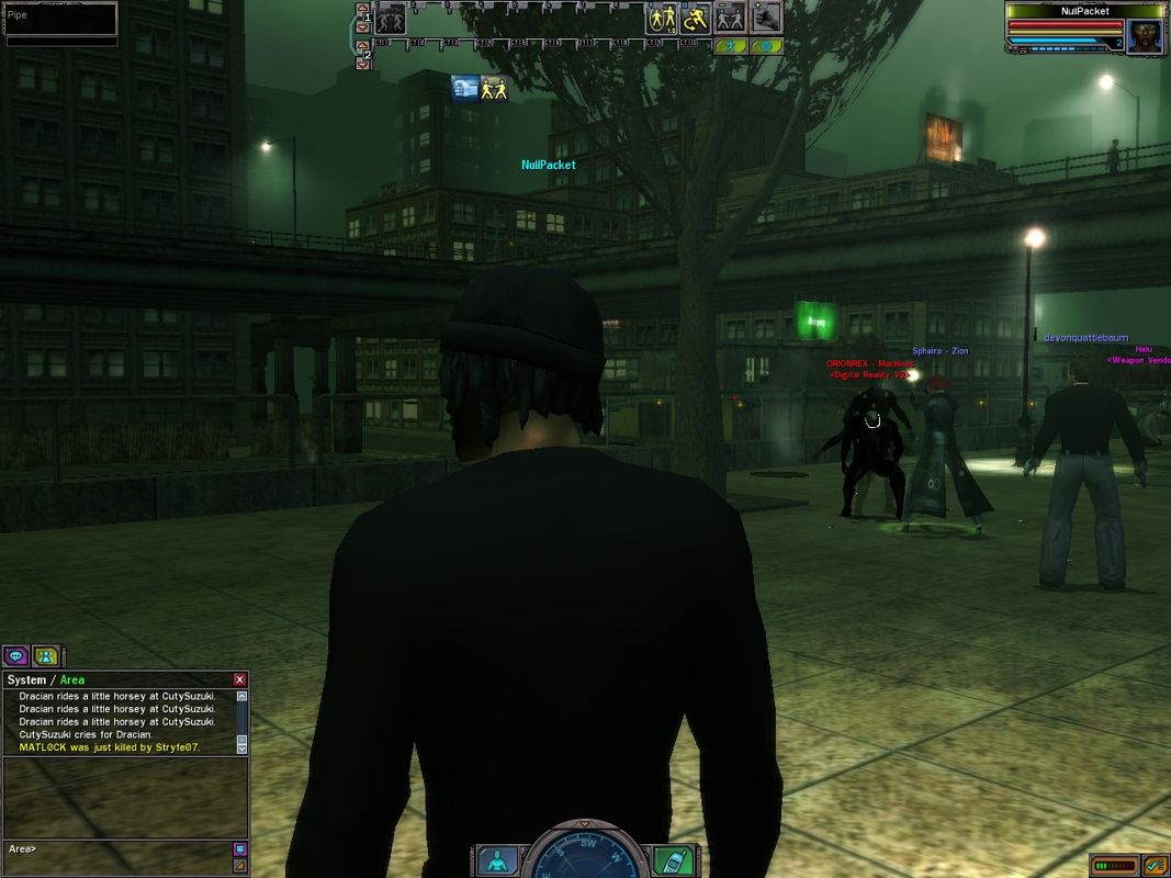 The Matrix Online (Windows) screenshot: Specials and powers are based off of computer hacking, and/or the style of the movies. This guy is doing the same bullet dodge as agents in the film.