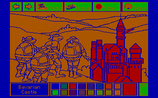 Electric Crayon Deluxe: Teenage Mutant Ninja Turtles: World Tour (DOS) screenshot: The turtles in Bavaria (CGA)