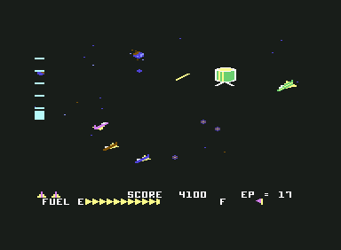 Zaxxon (Commodore 64) screenshot: Space dogfight with a fuel satellite passing by.