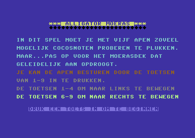 Alligator Moeras (Commodore 64) screenshot: Title screen and instructions