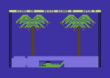Alligator Moeras (Commodore 64) screenshot: Oops, here comes an alligator