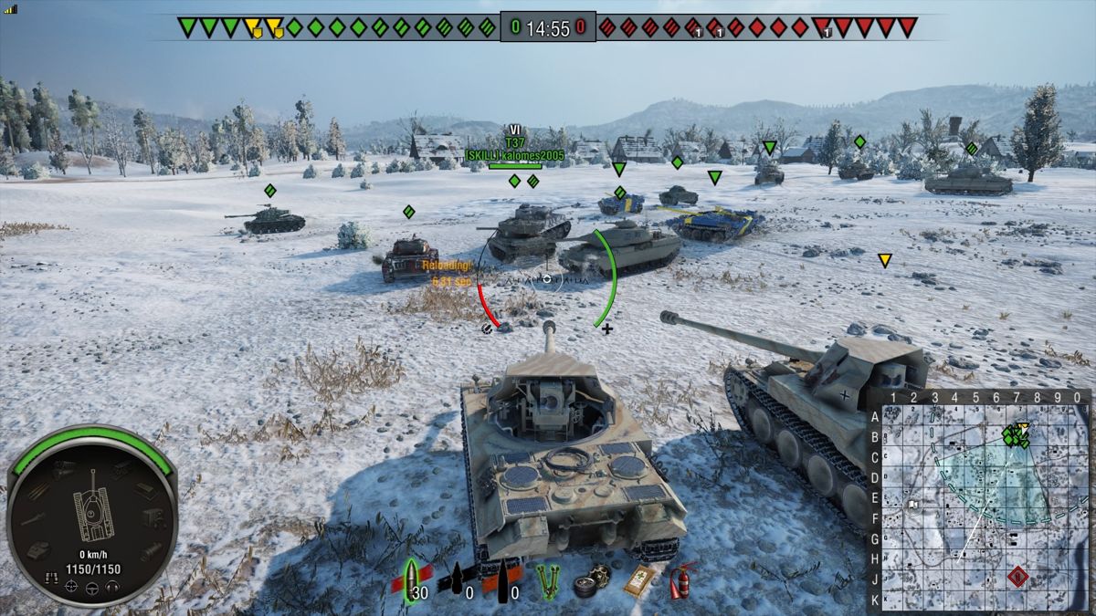 World of Tanks: Stark Strv S1 Ultimate (PlayStation 4) screenshot: Starting a match with a fellow Skorpion tank with two allied Strv S1 premium tanks in front of us