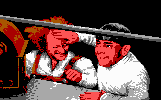 The Three Stooges (DOS) screenshot: Made it back in time! (EGA)