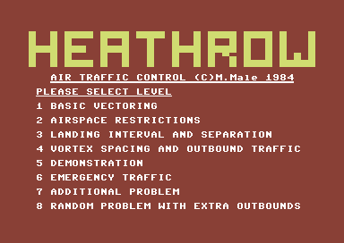 Heathrow International Air Traffic Control (Commodore 64) screenshot: Level select.