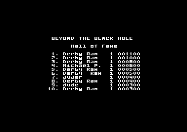 Beyond the Black Hole (Commodore 64) screenshot: High score table.