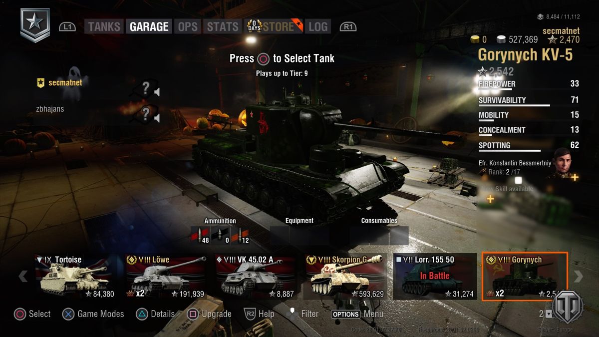 World of Tanks: Monster Mega Bundle (PlayStation 4) screenshot: Gorynych monster tank in the garage