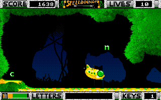 Spellbound! (DOS) screenshot: Some letters are already here, but the first letter of the word must come first
