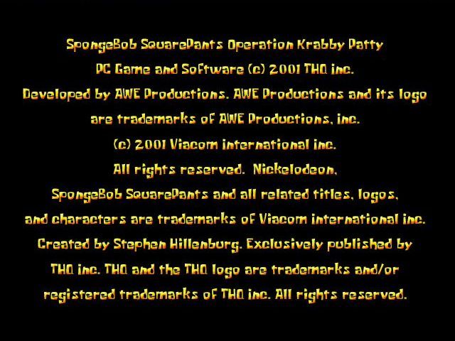 Spongebob Squarepants: Operation Krabby Patty (Windows) screenshot: The credits and copyright screen comes up before the company logos and the introductory animation