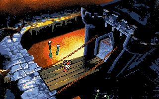 Dragon's Lair II: Time Warp (DOS) screenshot: Crossing a drawbridge.