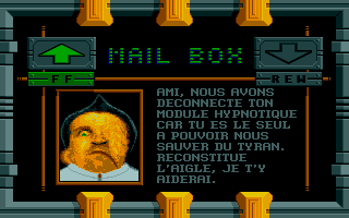 Golden Eagle (DOS) screenshot: Reading the message in mailbox on terminal (VGA) (in French)