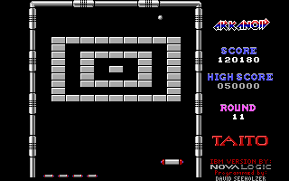 Arkanoid (DOS) screenshot: This level is tough because the silver bricks take multiple hits to destroy and don't release any capsules (EGA)