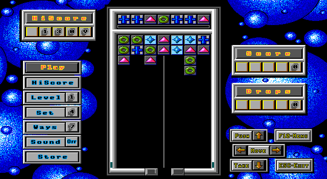 Drop-Drop (DOS) screenshot: In the middle of the game, choosing a column to pull