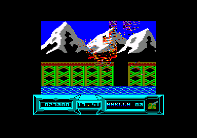 Battle Valley (Amstrad CPC) screenshot: BOOM! I should've repaired the bridge, first.