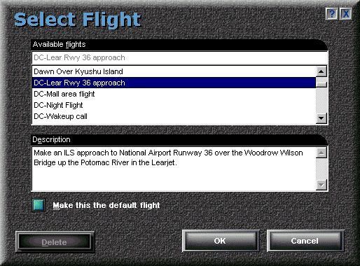 Washington D.C.: Scenery for Microsoft Flight Simulator 5 (DOS) screenshot: These are the predefined flights after the scenery package is installed. The scenery is intended for Flight Sim 5.0 but is shown here being used in Flight Sim 98