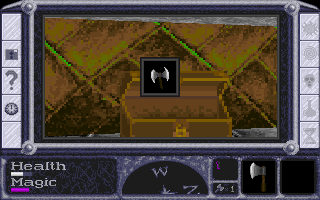 Thor's Hammer (DOS) screenshot: Various useful items can be found in treasure chests. This one contains a throwing axe.