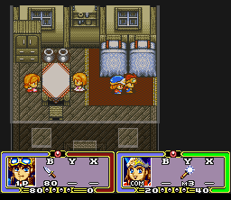 Ruin Arm (SNES) screenshot: Visiting a house with two girls and two beds
