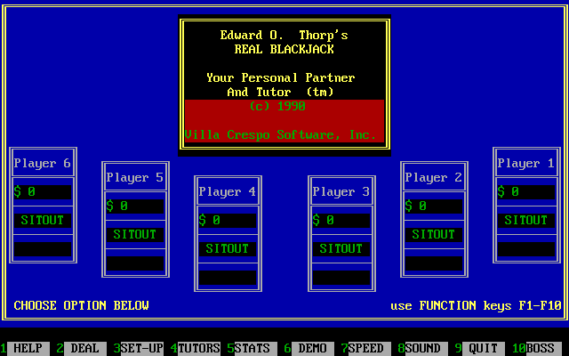 Edward O. Thorp's Real Blackjack (DOS) screenshot: The main menu
