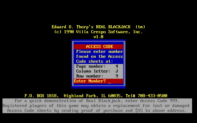 Edward O. Thorp's Real Blackjack (DOS) screenshot: The game features manual-based copy protection