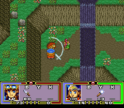 Ruin Arm (SNES) screenshot: Fighting a pesky guy near a waterfall
