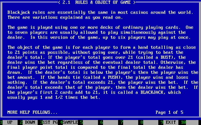 Edward O. Thorp's Real Blackjack (DOS) screenshot: The rules of the game in 'Help' section