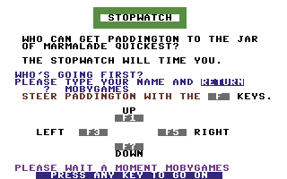 Paddington's Early Visit (Commodore 64) screenshot: Game two: stopwatch