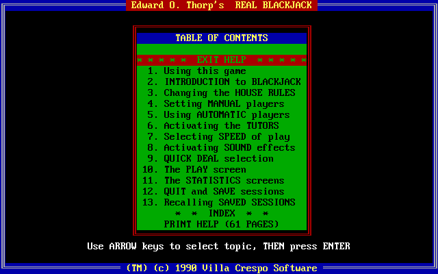 Edward O. Thorp's Real Blackjack (DOS) screenshot: In-game help system