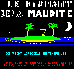 Le Diamant de l'Île Maudite (Oric) screenshot: Title Screen and Copyright Information (in French)
