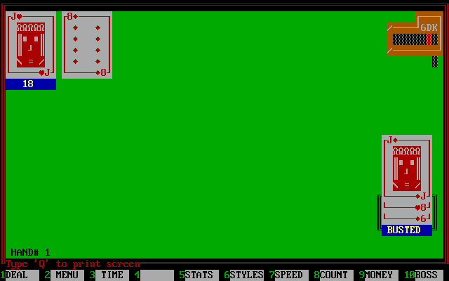 Edward O. Thorp's Real Blackjack (DOS) screenshot: 'Busted' means 'lost'...