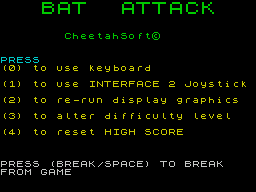 3D Bat Attack (ZX Spectrum) screenshot: Options