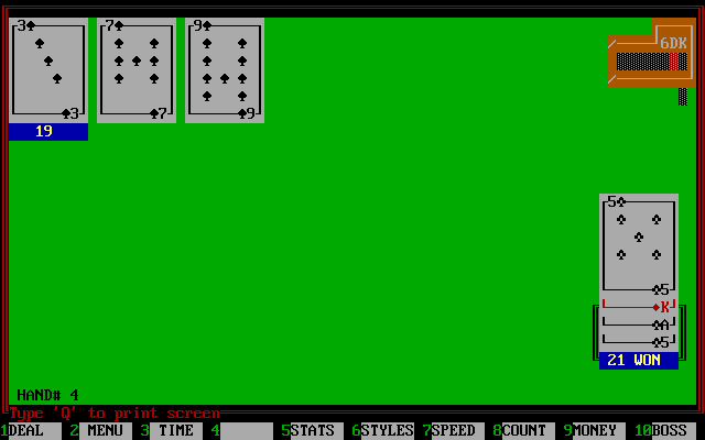 Edward O. Thorp's Real Blackjack (DOS) screenshot: 21 is a sure win!