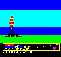 Le Diamant de l'Île Maudite (Oric) screenshot: Near the volcano (in French)