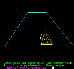 Le Mystère de Kikekankoi (Oric) screenshot: Near the raft on a subterranean lake (in French)