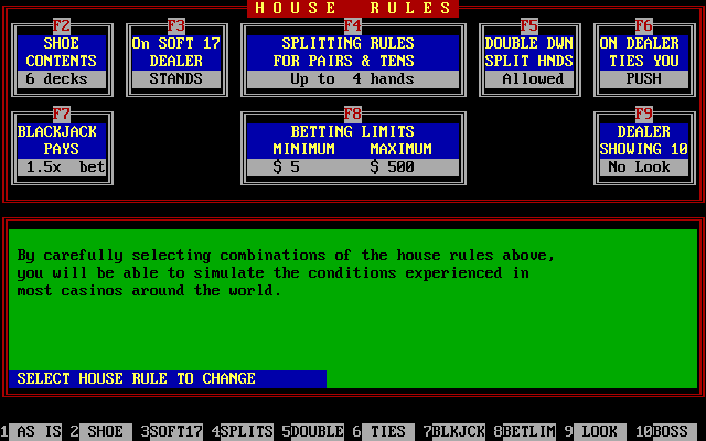 Edward O. Thorp's Real Blackjack (DOS) screenshot: Precise settings for the game's rules