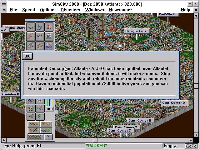 SimCity 2000: CD Collection (Windows 3.x) screenshot: The start of the Atlanta UFO Invasion scenario