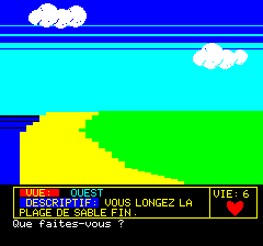 Le Diamant de l'Île Maudite (Oric) screenshot: On the beach (in French)