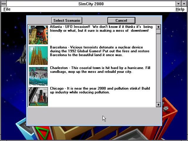 SimCity 2000: CD Collection (Windows 3.x) screenshot: The scenario selection screen, there are eighteen of these in the Special edition